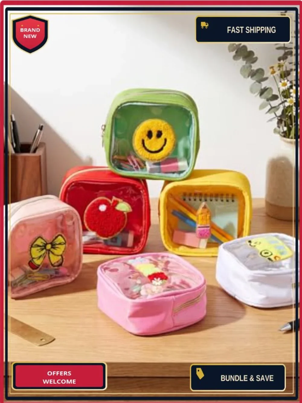 6 Clear Pencil Bags Embroidered PVC Zipper Cosmetic Pouches Back to School Set